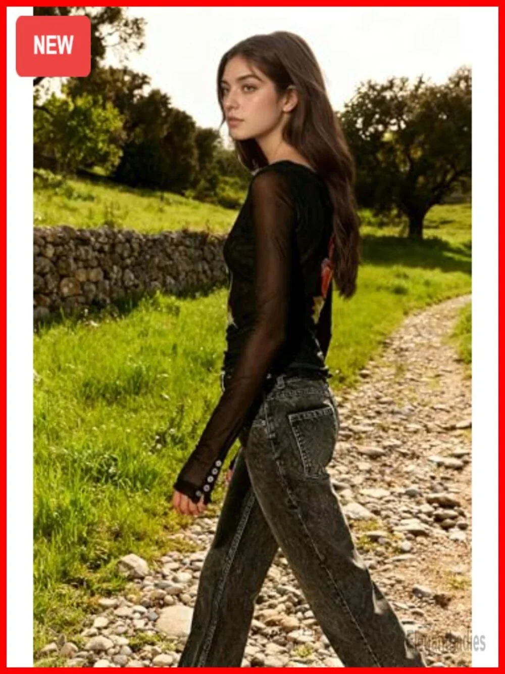 Floral Mesh Long Sleeve Crew Neck Slim Fit Going Out Top Blouse